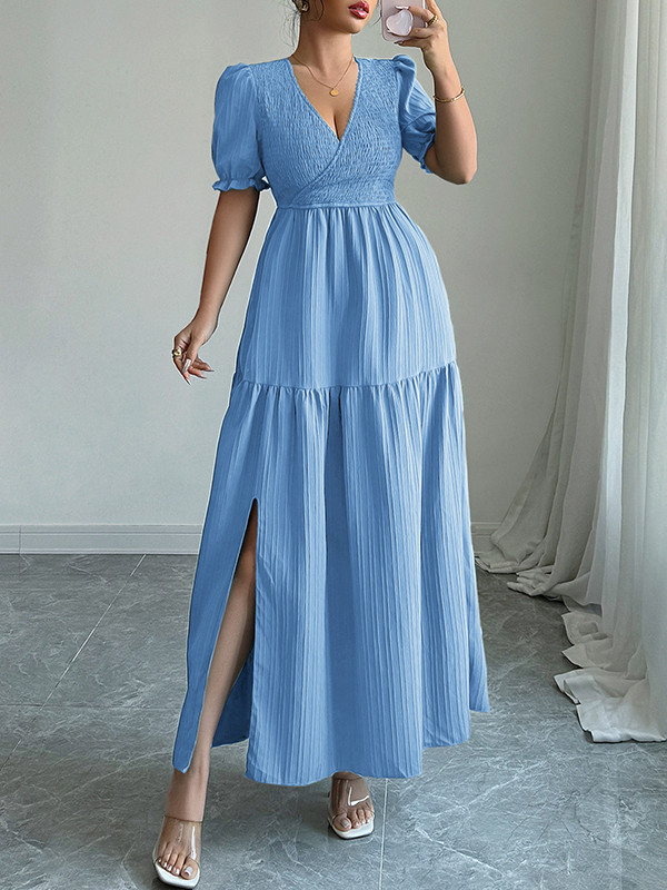 Split-Front Solid Color Pleated Loose High Waisted V-Neck Maxi Dresses
