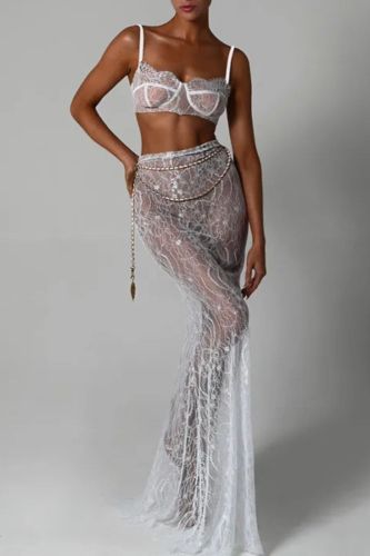 Women's Fashion Sexy Halter Backless Evening Dress Floor-Mopping Fishtail Two-Piece Set