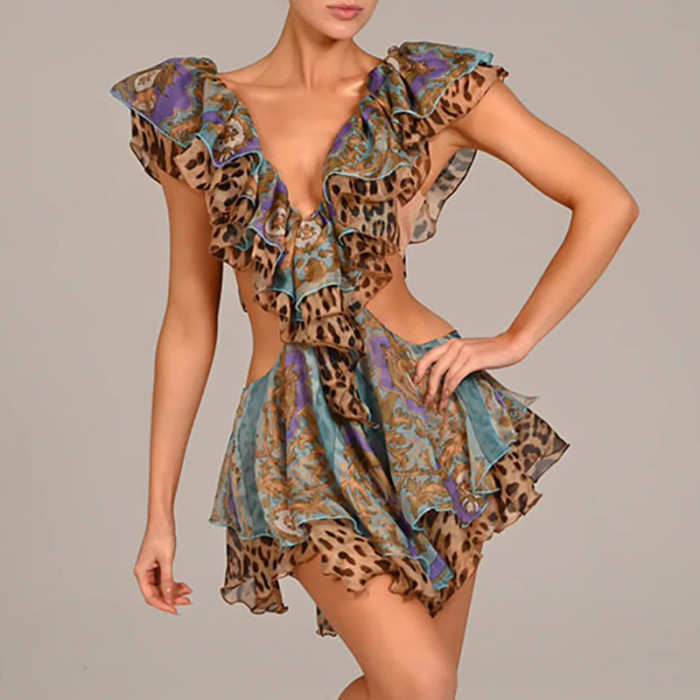 Women Casual Sleeveless Pleat Party Elegant Ruffle Deep V-neck Fashion Pattern Print Hollow Chiffon Mini Dress