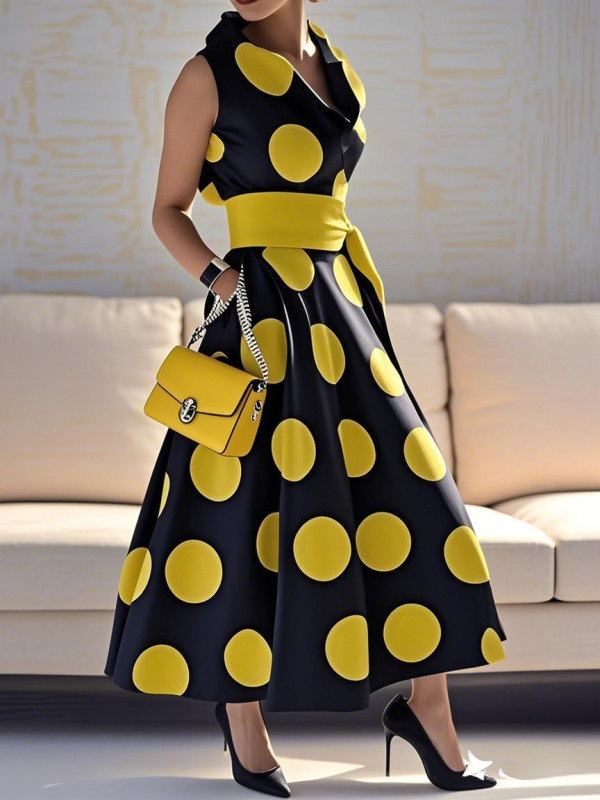 Tied Waist Split-Joint Polka-Dot Pockets Sleeveless Loose V-neck Shirt Dress Maxi Dresses
