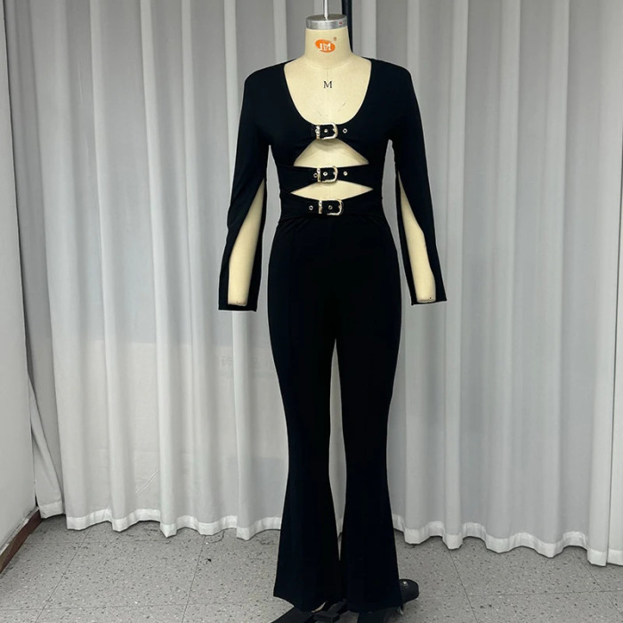Women's Fashion Sexy Solid Color Hollow Casual Elegant Jumpsuit