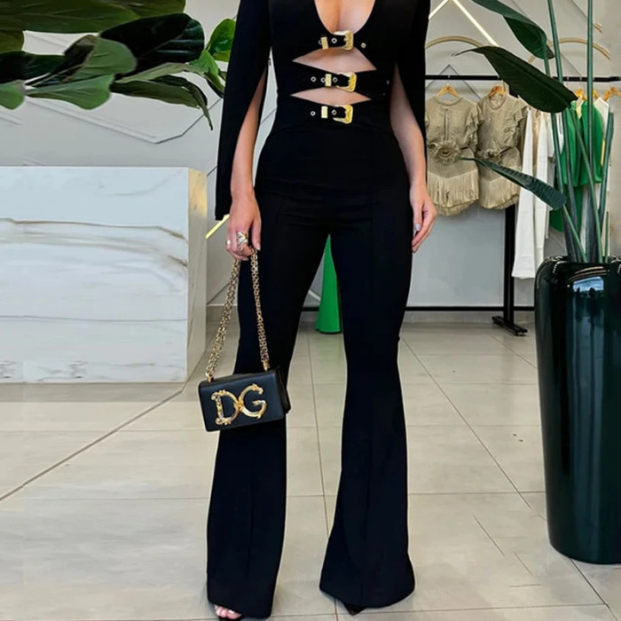 Women's Fashion Sexy Solid Color Hollow Casual Elegant Jumpsuit