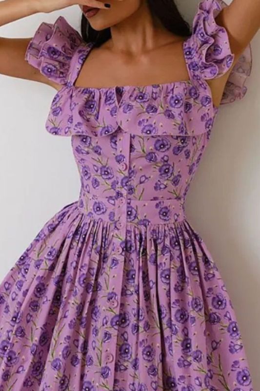 Sexy Square Neck Flying Sleeve Elegant Floral Print Hight Waist Party Fashion Button Pleated Bohe Dresses