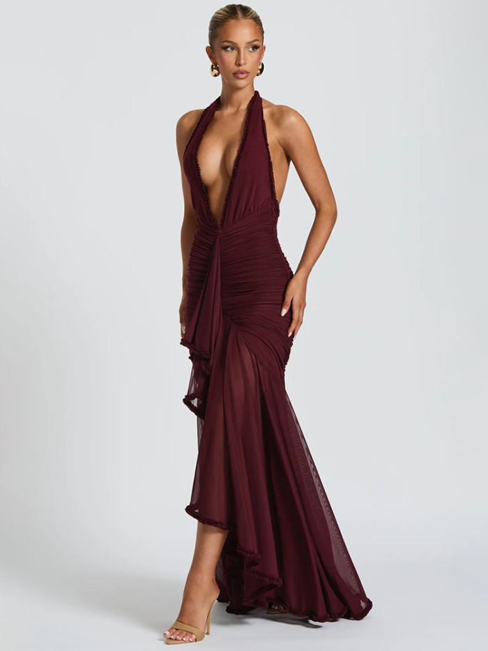 Elegant Halter Deep V Neck Sexy Fashion Sleeveless Backless Ruched Evening Club Party Long Dress