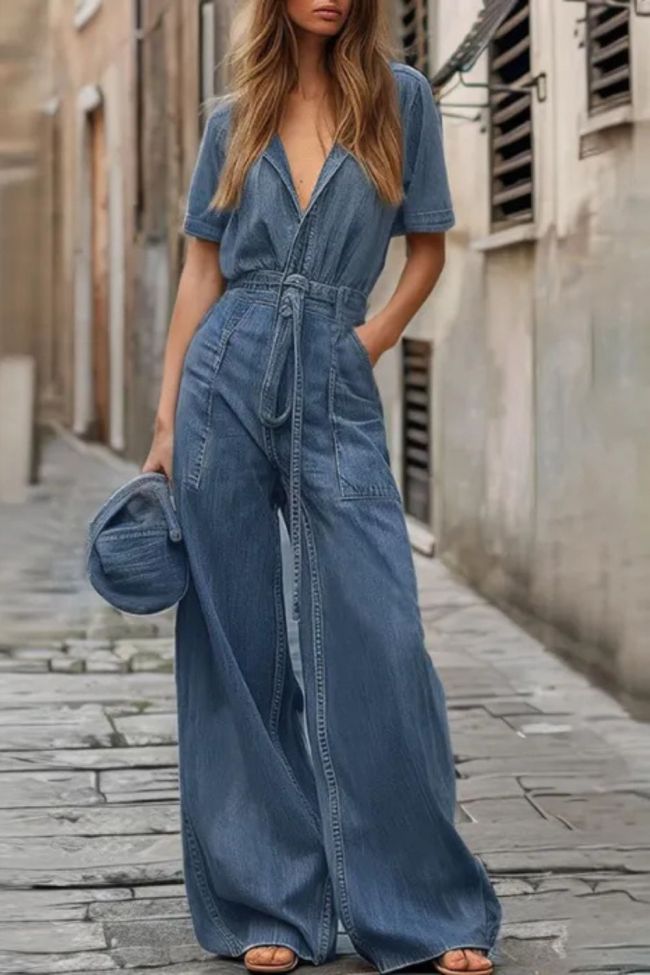 Women's Short Sleeve Button Down Wide Leg Long Pants Jumpsuits with Pockets