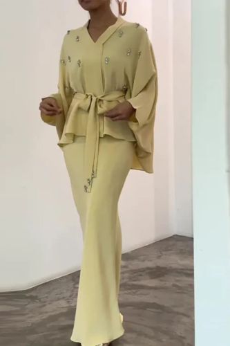 Women's Fashion Casual Solid Color Lace-up Waist Top Temperament Fishtail Hip Skirt Set