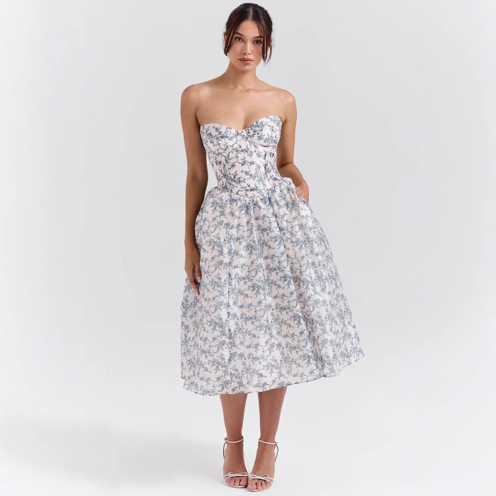 Women's Elegant Solid Strapless Sexy Sweetheart Neckline A-Line Fitted Waist Dress