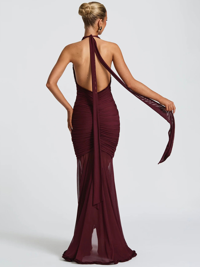 Elegant Halter Deep V Neck Sexy Fashion Sleeveless Backless Ruched Evening Club Party Long Dress
