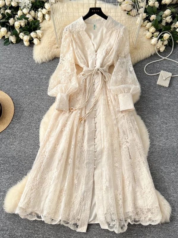 French Vintage Lace Flower Embroidery V Neck Long Lantern Sleeve Belt Sashes Boho Party Maxi Dresses