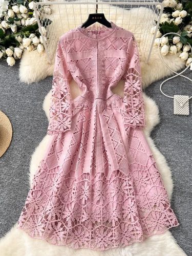 Embroidery Lace Hollow Out Elegant Slim High Waist Evening Party Club Prom  Midi Dresses