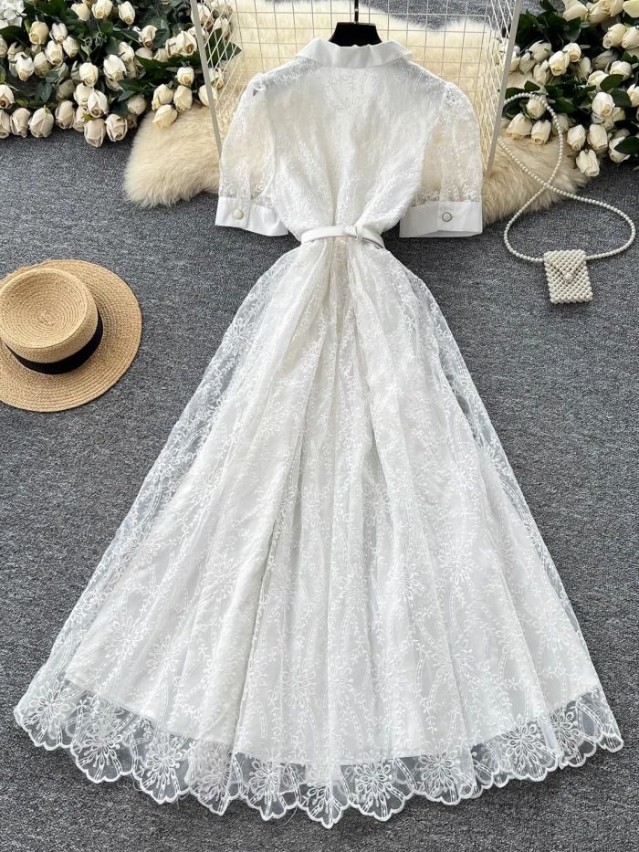 Embroidery White Lace Short Sleeve Notched Collar Sashes Wedding Party Prom Maxi Dresses