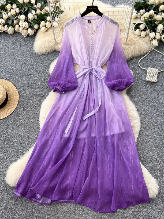 Holiday Bright Silk Perspective Oversized Loose Dresses Women Gradient V Neck Long Lantern Sleeve Sashes Bandage Maxi Dresses