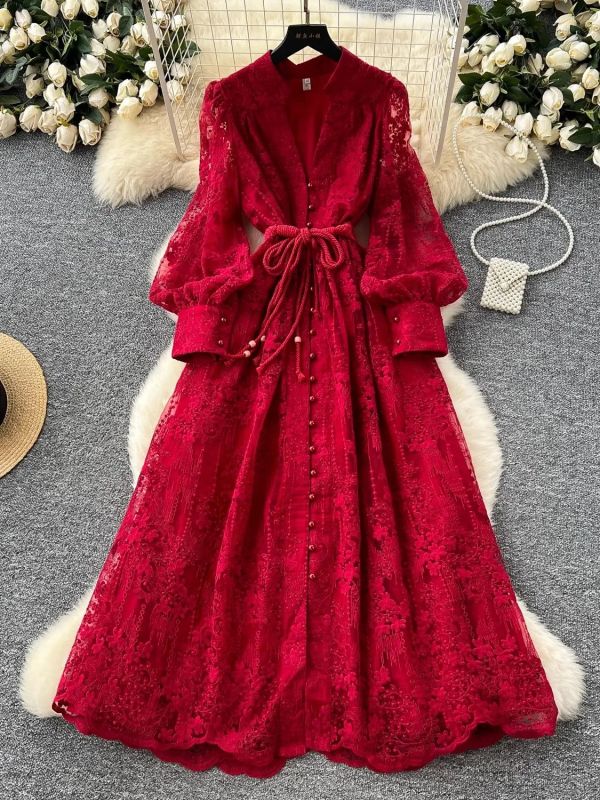 French Vintage Lace Flower Embroidery V Neck Long Lantern Sleeve Belt Sashes Boho Party Maxi Dresses