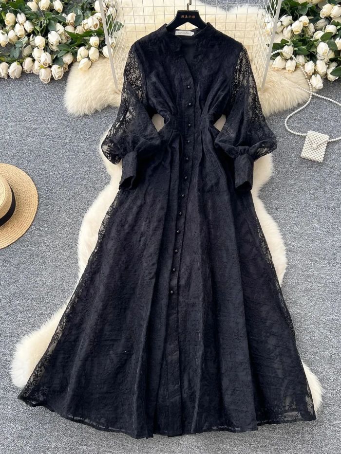 Flower Embroidery Mesh Lace V Neck Lantern Sleeve Pearls Single Breasted Party Maxi Dresses
