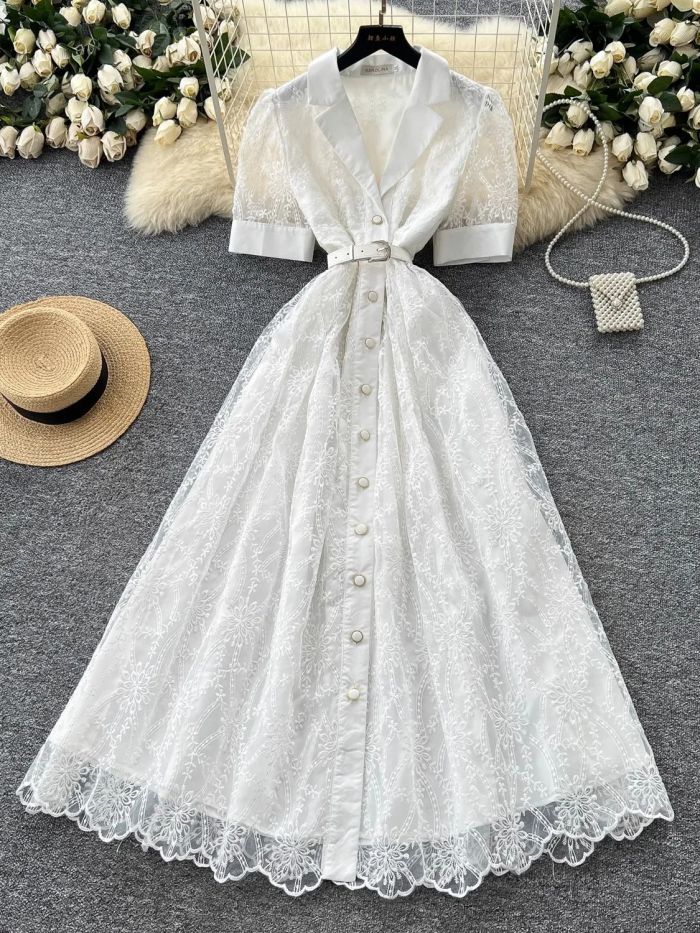 Embroidery White Lace Short Sleeve Notched Collar Sashes Wedding Party Prom Maxi Dresses