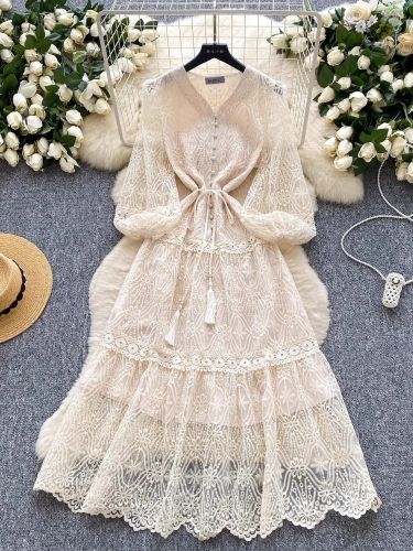 Summer Elegant Mesh Lace Flower Embroidery V Neck Lantern Sleeve Hollow Out Bandage Belt  Midi Dresses