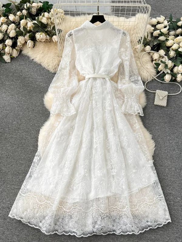 French Elegant Organza Mesh Lace Flower Embroidery Ruffles Pearls Single Breasted Belt Evening Party Maxi Dresses