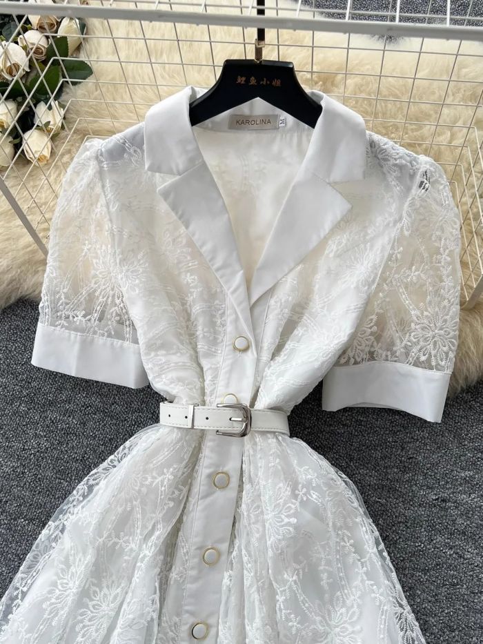 Embroidery White Lace Short Sleeve Notched Collar Sashes Wedding Party Prom Maxi Dresses