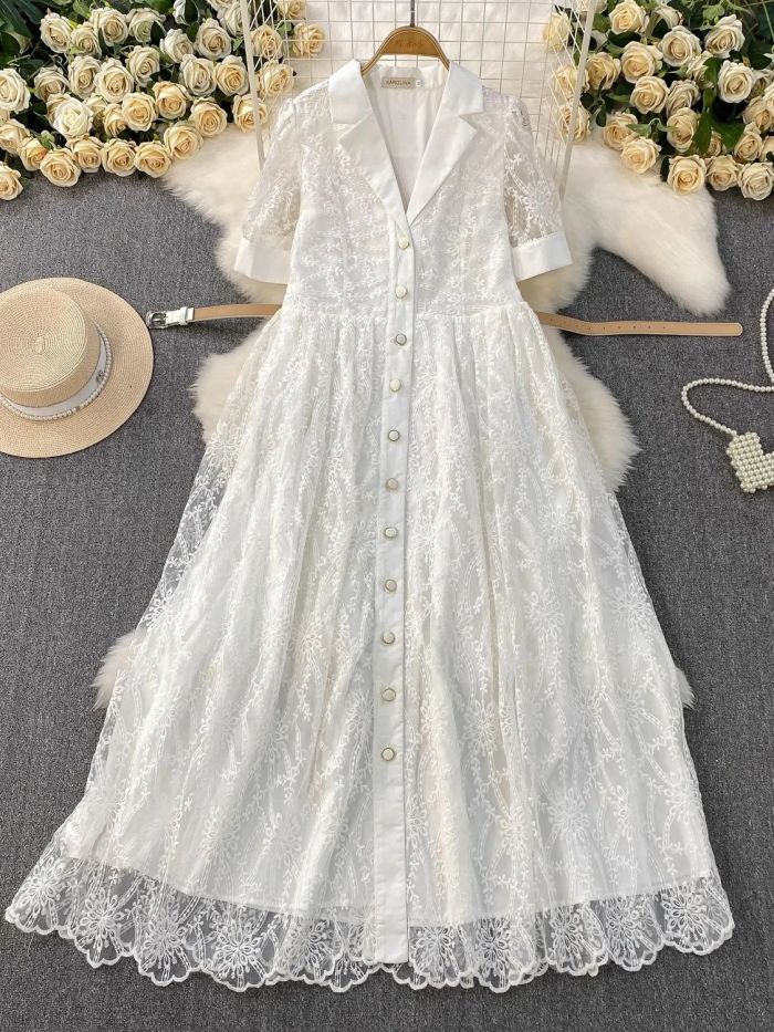 Embroidery White Lace Short Sleeve Notched Collar Sashes Wedding Party Prom Maxi Dresses