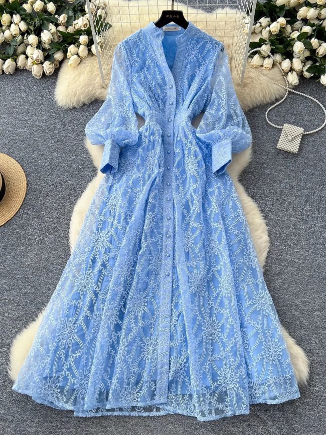 Flower Embroidery Mesh Lace V Neck Lantern Sleeve Pearls Single Breasted Party Maxi Dresses