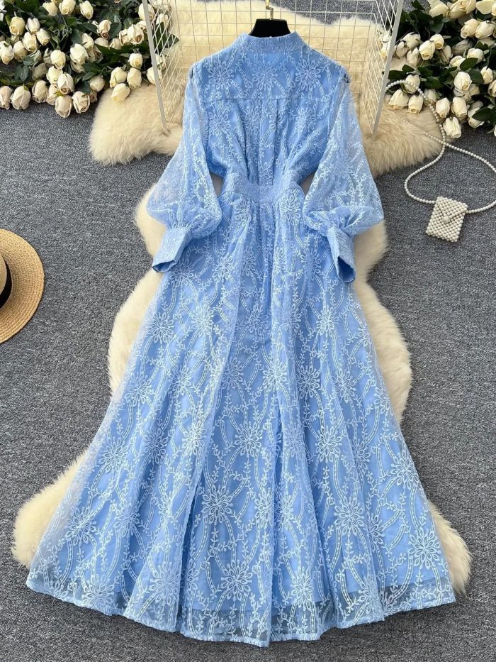 Flower Embroidery Mesh Lace V Neck Lantern Sleeve Pearls Single Breasted Party Maxi Dresses
