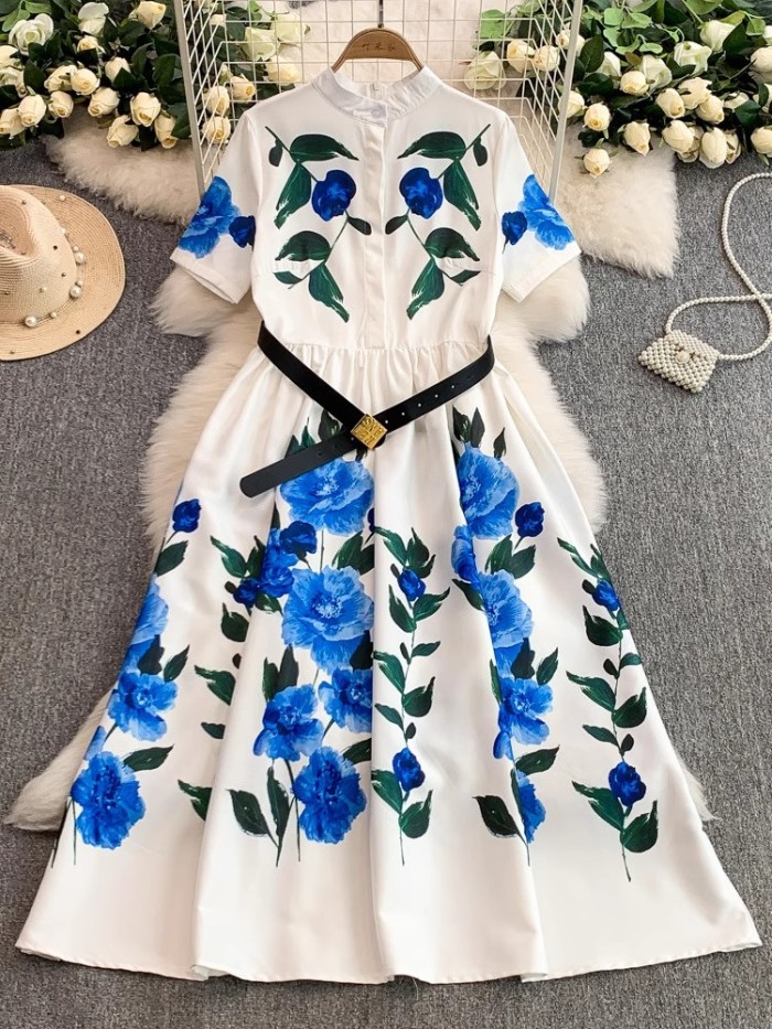 Holiday Flower Leaves Print Shirt Short Sleeve Turn Down Collar Elegant Belt Vintage Party  Maxi Dresses