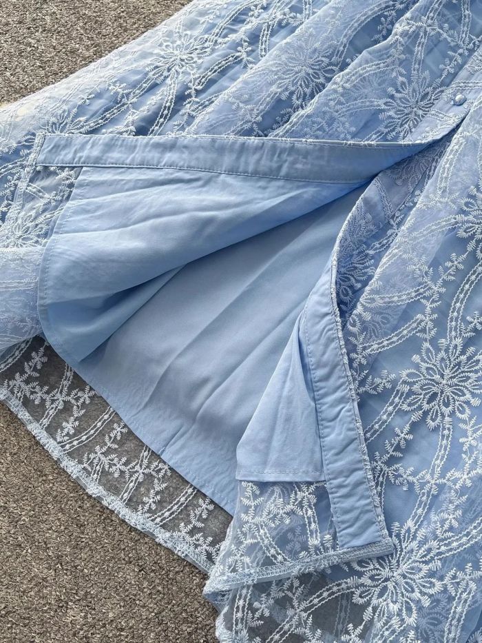 Flower Embroidery Mesh Lace V Neck Lantern Sleeve Pearls Single Breasted Party Maxi Dresses