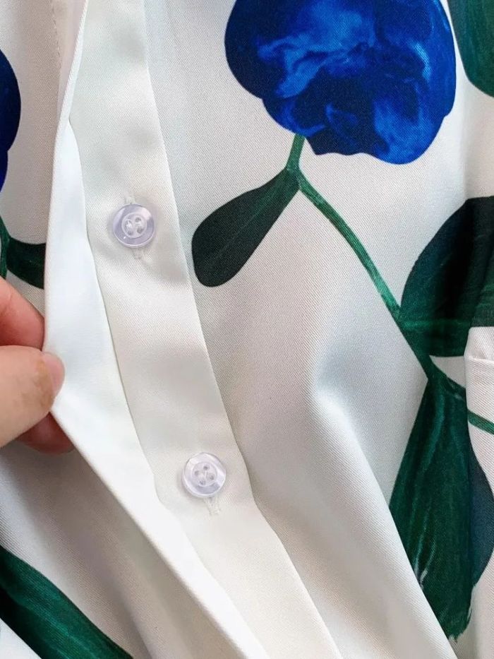 Holiday Flower Leaves Print Shirt Short Sleeve Turn Down Collar Elegant Belt Vintage Party  Maxi Dresses