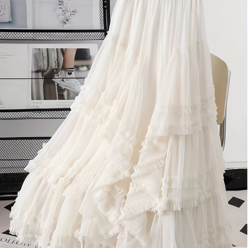 Women's Elegant High-Waisted A-Line Layered Ruffled Hem Tiered Tulle Cake Skirt