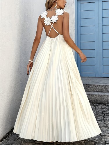 Women'S Pleated Sleeveless Floral Shoulder Straps Elegant Vacation  Maxi Dress