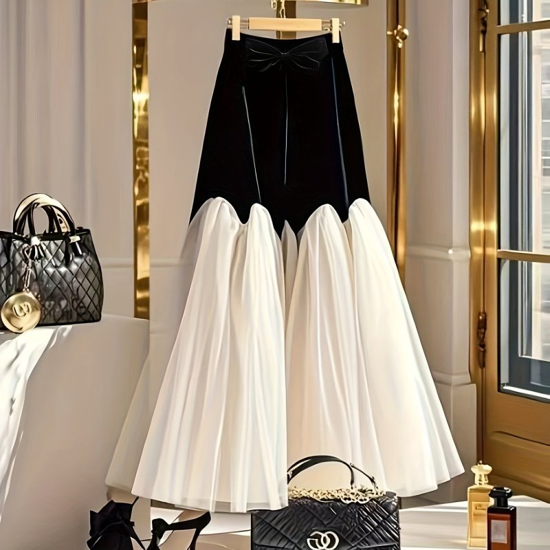 Women's Elegant Black & White Contrast Mesh High Waist A-Line Midi Skirt