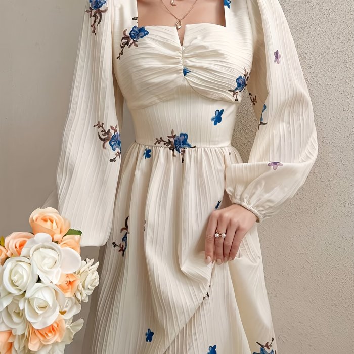 French-Style Gentle Waist-Defining Floral Embroidered Mid-Length Dress with a Square Neckline, Perfect for Vacation.