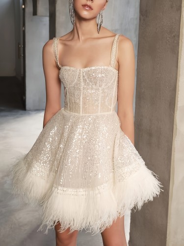 Women's Elegant Sequin Accent A-Line Formal Wedding & Party Fashion Dress