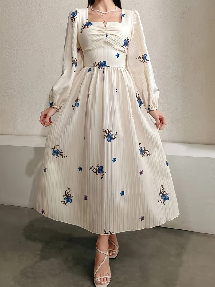 French-Style Gentle Waist-Defining Floral Embroidered Mid-Length Dress with a Square Neckline, Perfect for Vacation.