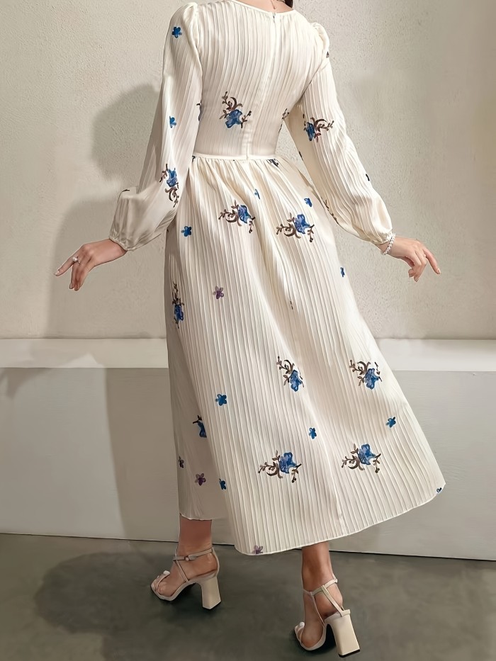 French-Style Gentle Waist-Defining Floral Embroidered Mid-Length Dress with a Square Neckline, Perfect for Vacation.