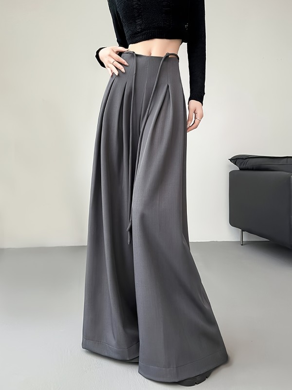 Women'S Elegant High-Rise  Casual Outings Gray Wide-Leg Pants