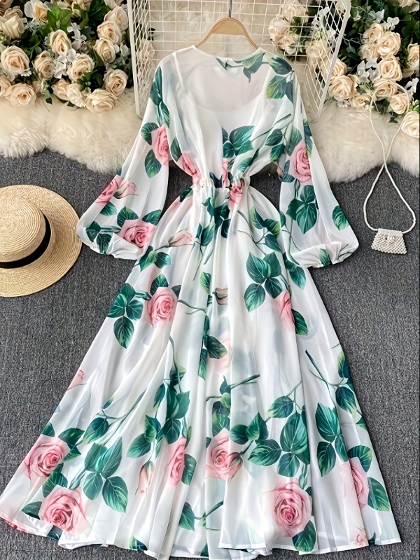 Women's Bohemian Floral Print Maxi Dress with Puffy Sleeves & Round Neck