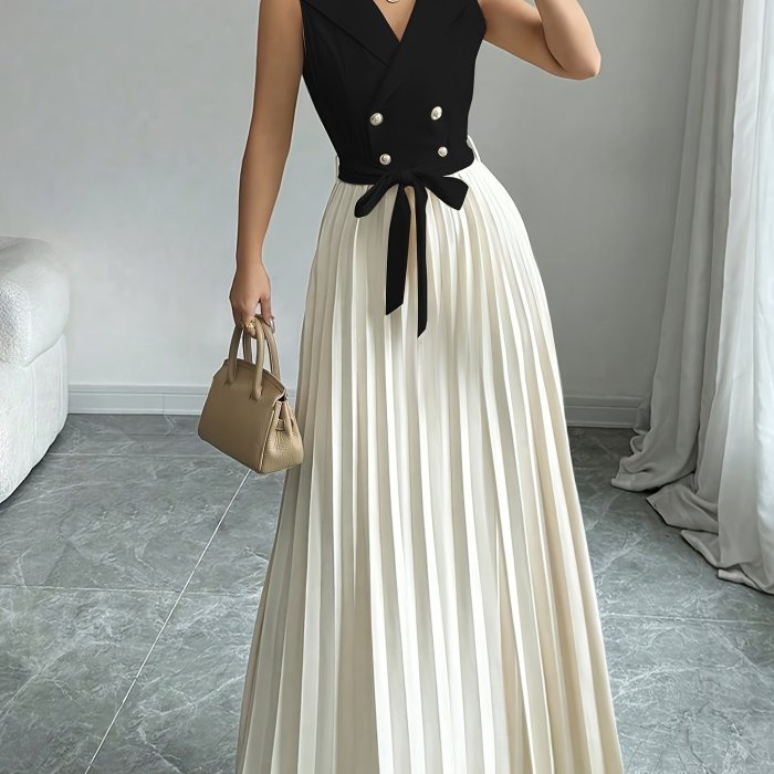 Women'S Elegant Double-Breasted Ruched A-Line Sleeveless Dress