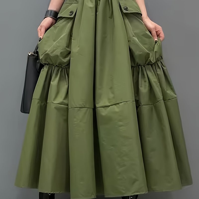 Women's Casual Korean Style  A-Line Pleated Midi Skirt with Elastic Waistband & Large Pockets