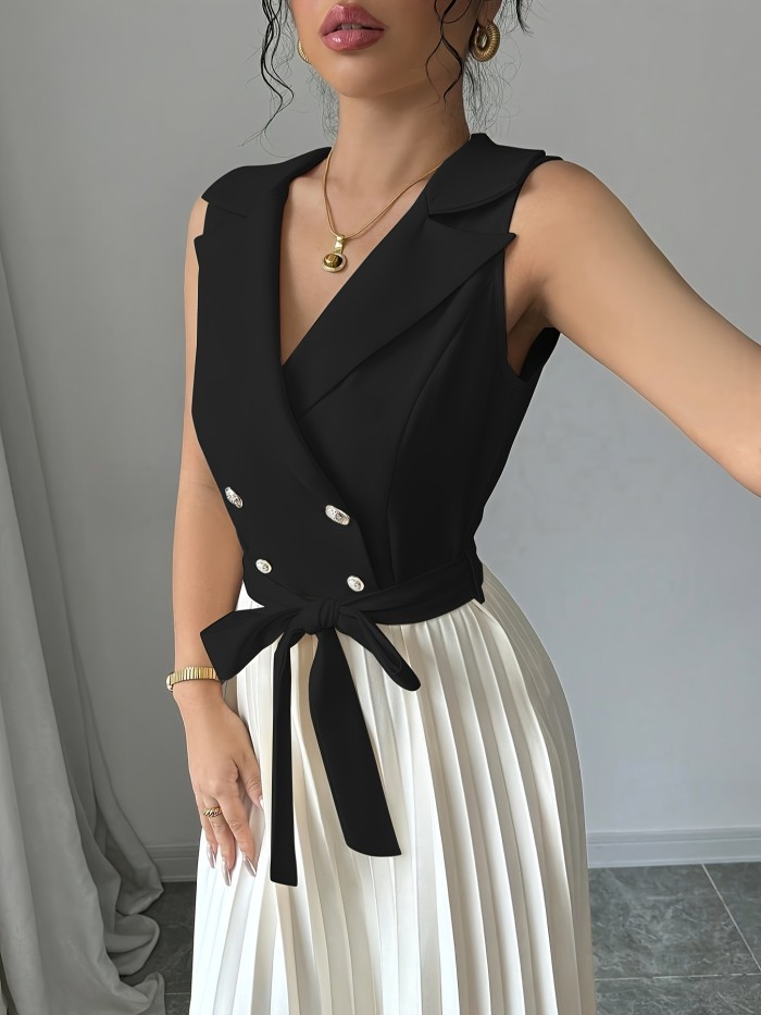 Women'S Elegant Double-Breasted Ruched A-Line Sleeveless Dress