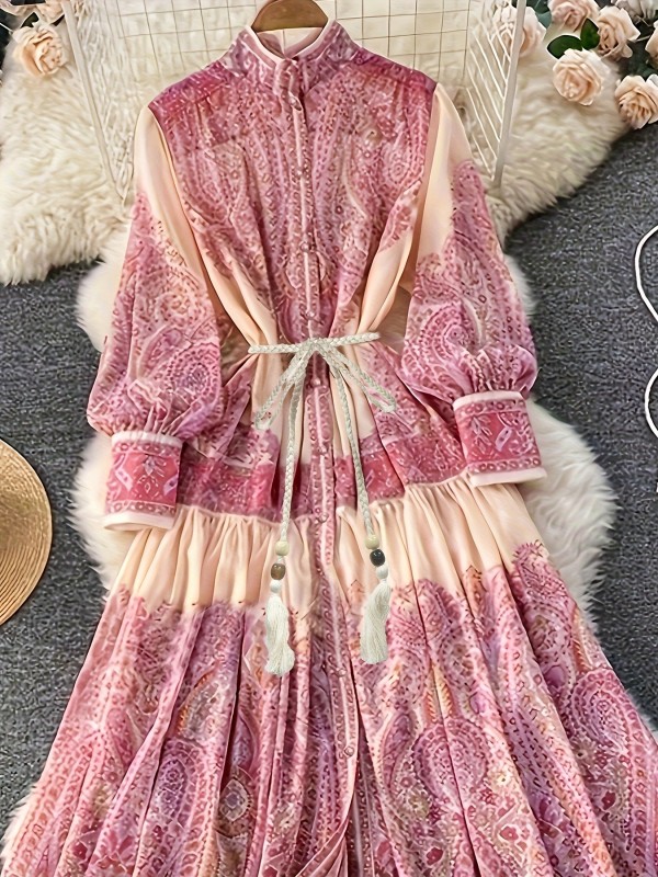 Women'S Vintage Casual Ethnic Floral Print Long Sleeve Maxi Dress
