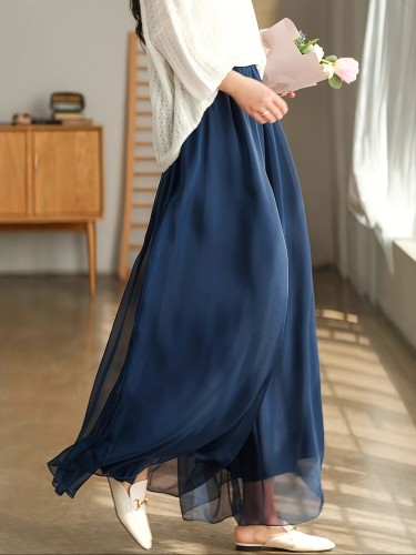 Elegant Chiffon Loose Fit High-Waisted Casual Outings Wide-Leg Pants for Women