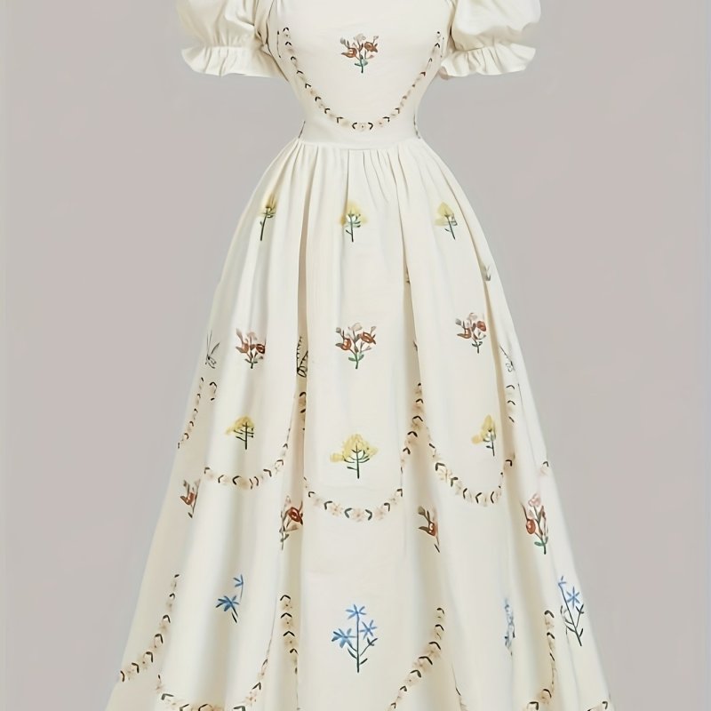 Vintage Floral Embroidered Puff Sleeves  Elegant Square Neck White Dress