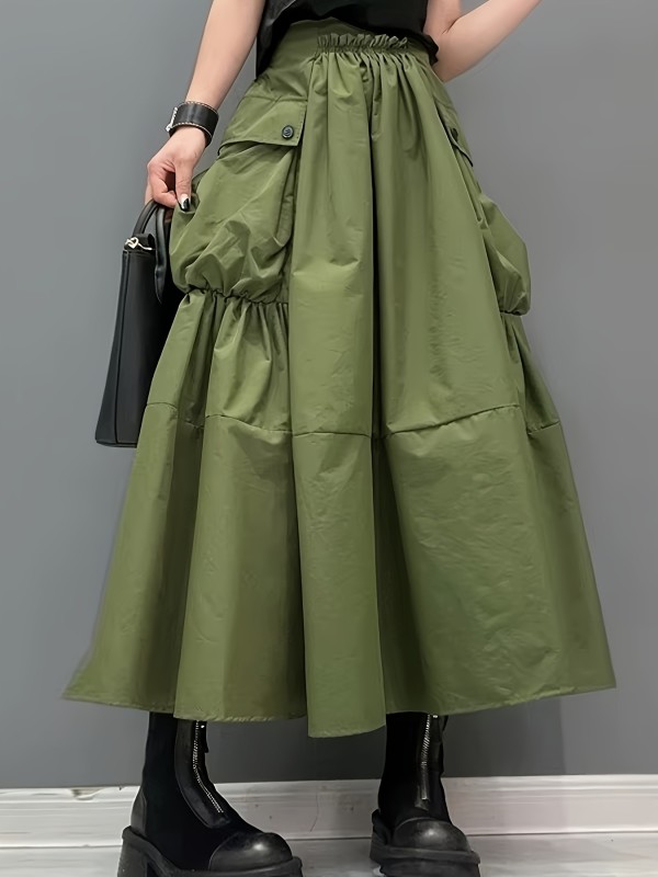 Women's Casual Korean Style  A-Line Pleated Midi Skirt with Elastic Waistband & Large Pockets