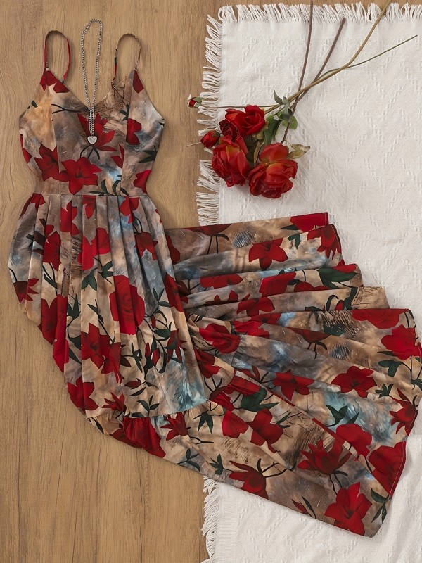 Retro Mature Floral Print Camisole Dress for Evening Outings