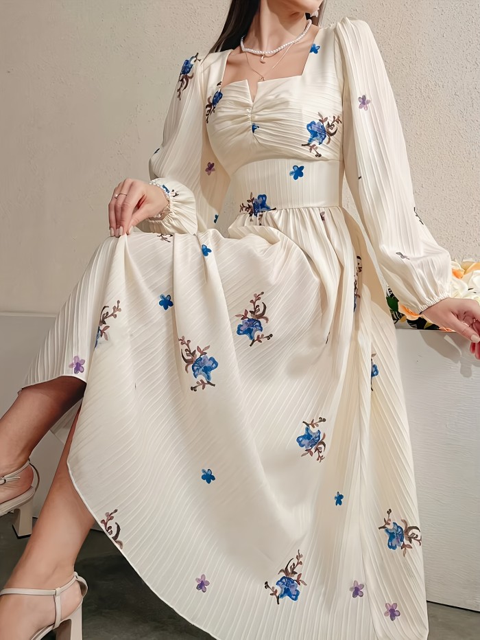 French-Style Gentle Waist-Defining Floral Embroidered Mid-Length Dress with a Square Neckline, Perfect for Vacation.
