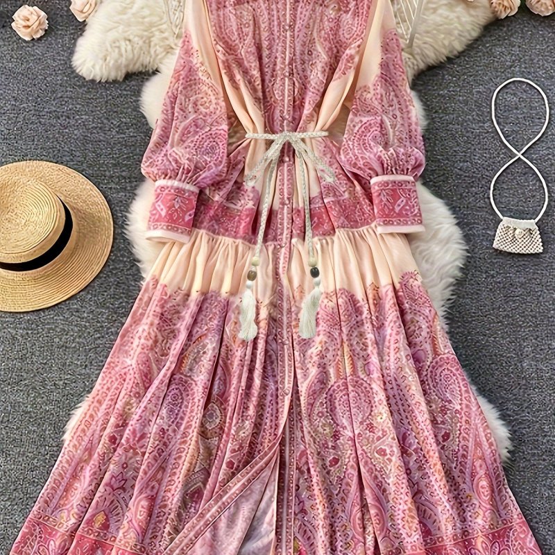 Women'S Vintage Casual Ethnic Floral Print Long Sleeve Maxi Dress