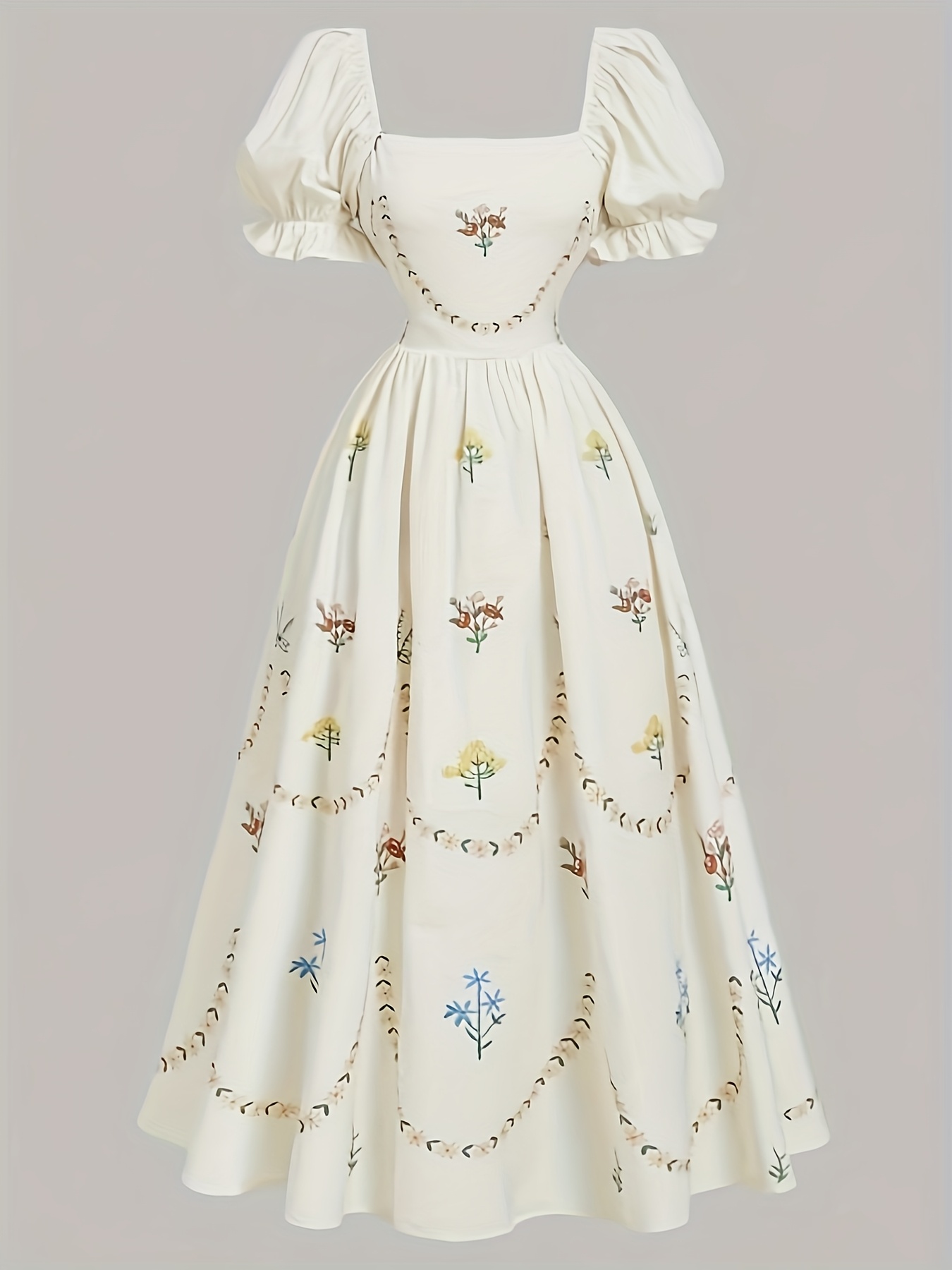 Vintage Floral Square Neck Dress