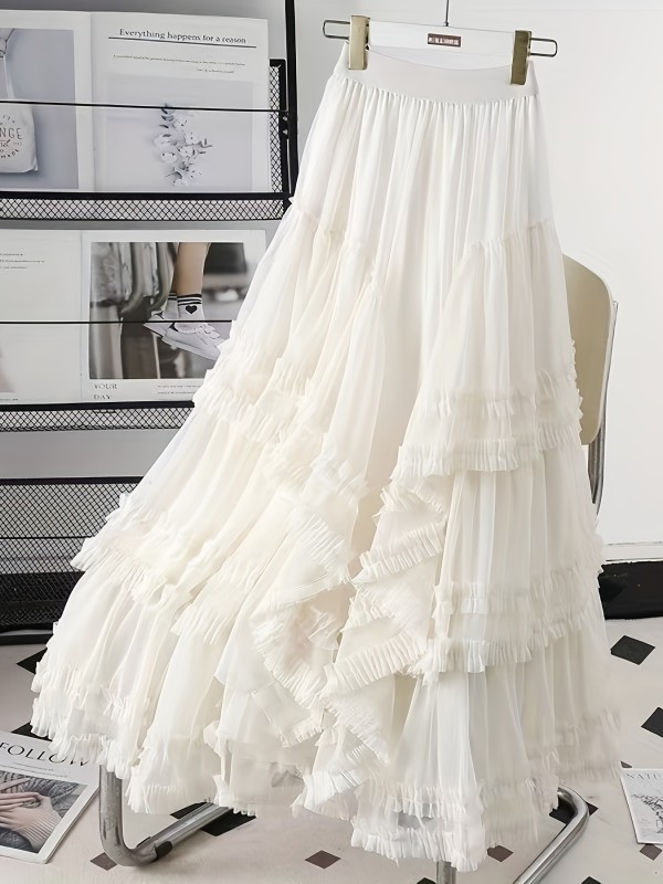 Women's Elegant High-Waisted A-Line Layered Ruffled Hem Tiered Tulle Cake Skirt