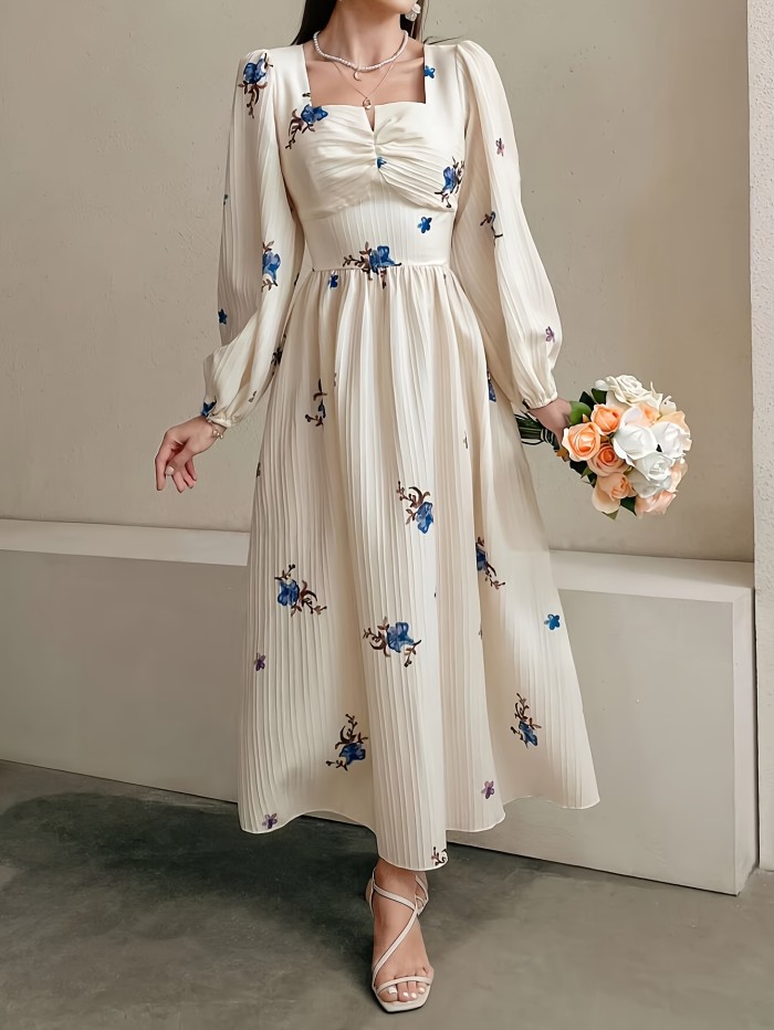 French-Style Gentle Waist-Defining Floral Embroidered Mid-Length Dress with a Square Neckline, Perfect for Vacation.
